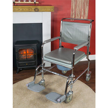 Aidapt Wheeled Commode,Height Adjustable,Mobile,4 Braked Castors,7.5Litre Potty,Removable Armrests,Wheel Over Standard WC,Padded Seat&Back