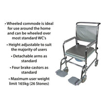 Aidapt Wheeled Commode,Height Adjustable,Mobile,4 Braked Castors,7.5Litre Potty,Removable Armrests,Wheel Over Standard WC,Padded Seat&Back