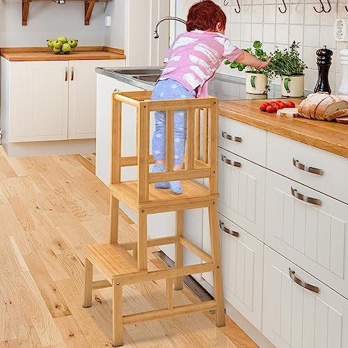 COSYLAND Kitchen Nursery Step Stool for Kids Toddlers Children,Standing Tower for Kitchen Counter,,Made of Natural Solid Bamboo(Natural)