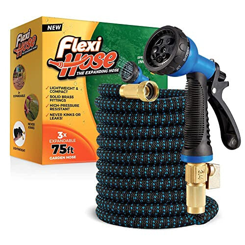 Flexi Hose Upgraded Expandable Garden Hose Pipe Including 8 Function Spray Gun Nozzle - Extra Strength with 2 cm Solid Brass Fittings