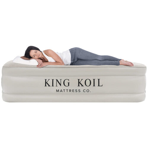 King Koil Size Luxury Raised Air Mattress - Best Inflatable Airbed With Built-In Pump - Elevated Raised Air Mattress Quilt Top Queen Beige