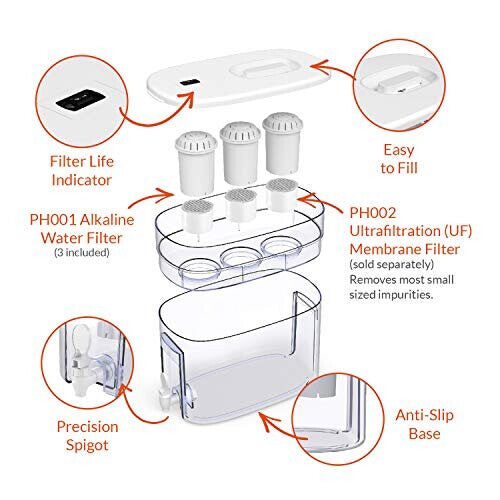 pH Recharge 3F Alkaline Countertop Water Filter Dispenser - 3.3 Gallons Water Jug Dispenser - Removes Fluoride Chlorine & Impurities - Improves W