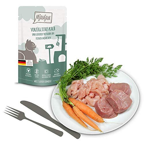 '- premium wet food for cats - Quetschie - excellent veal & turkey with delicious carrots, pack of 12 (12 x 125 g), grain-free with extra meat