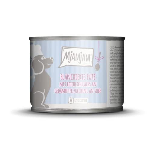 '- premium wet food for dogs - blanched turkey with plenty of salmon on steamed zucchini in sauce, pack of 6 (6 x 185g), natural with extra meat