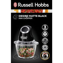 Russell Hobbs Desire Electric Fruit & Vegetable Mini Chopper, 1L glass bowl with 500ml food capacity & storage lid, 200W, 24662
