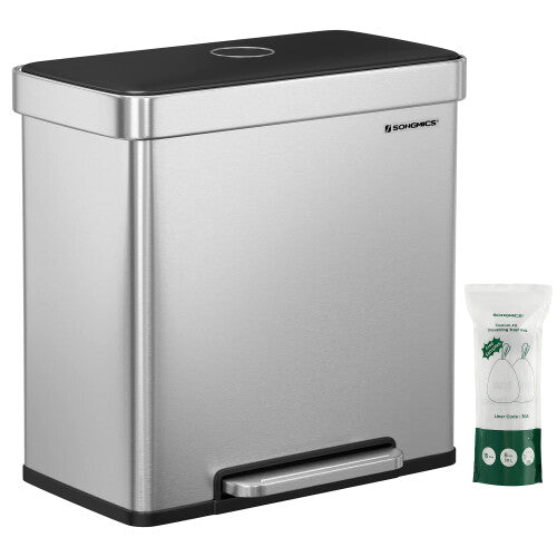 SONGMICS Kitchen Bin, 2 x 30L Stainless Steel Pedal Rubbish Bin with 15 Trash Bags, Recycling and Waste