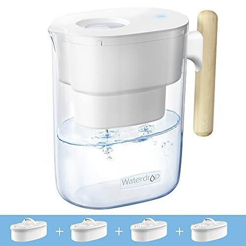 Waterdrop Chubby Water Filter Jug with 490 Days Filter, NSF Certified, Reduce Fluoride, Chlorine etc, 3.5L, BPA Free, White (4 Filters)