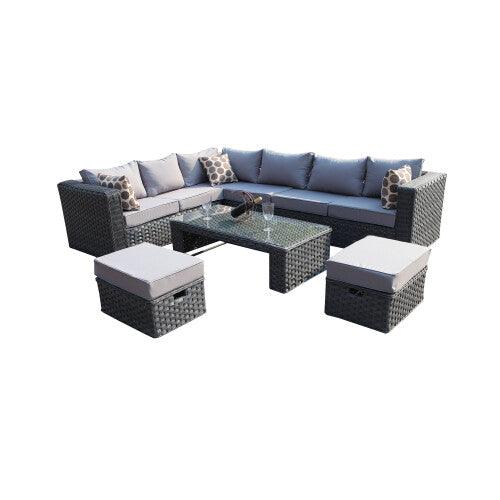 YAKOE 50020 Papaver Conservatory Modular 9 Seater Rattan Corner Garden Sofa Furniture Set - Grey